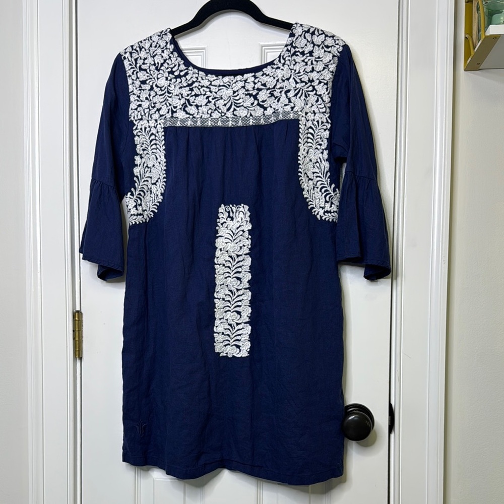 Blue and White Embellished 3/4 Sleeve Tunic